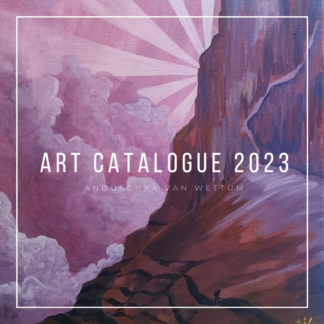 Artwork of part of a mountain with a climber on it, in the background purple louds and rays of sunshine. Overlay text that reads: Art catalogue 2023 Anouschka van Wettum